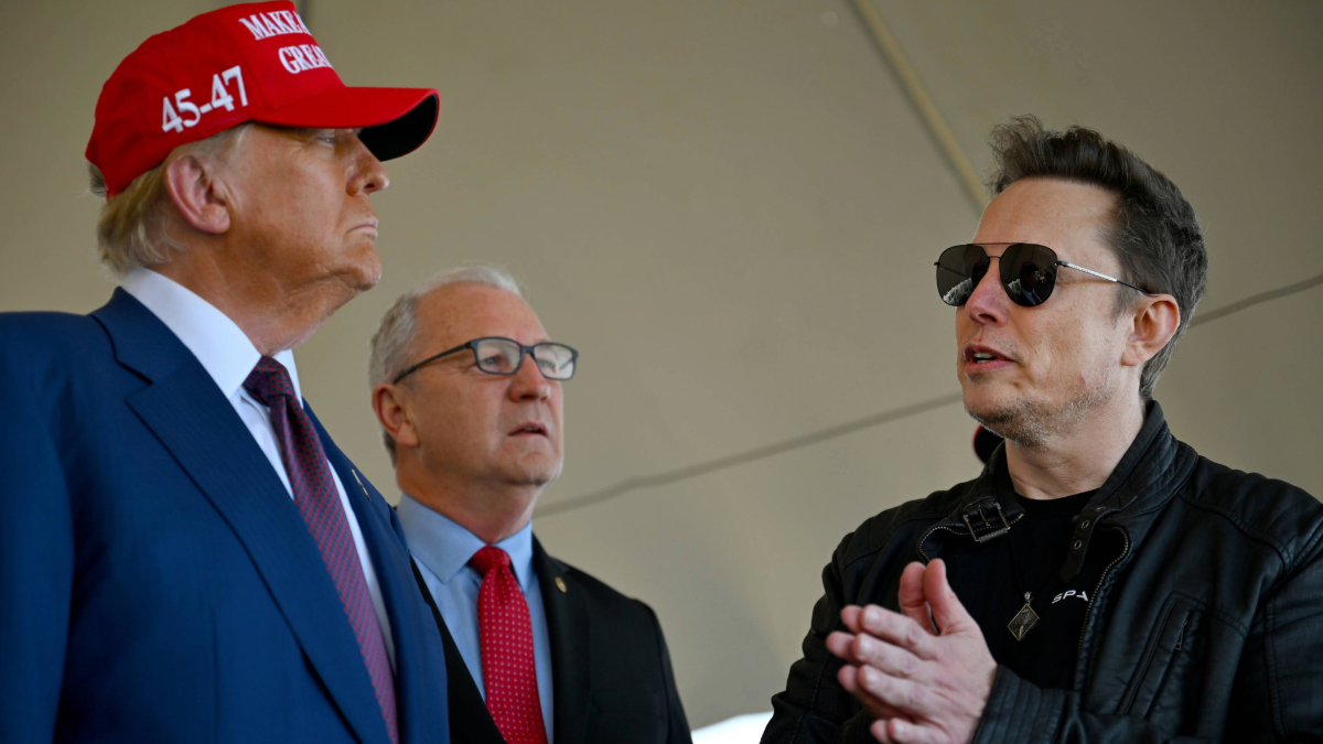 BROWNSVILLE, TEXAS - NOVEMBER 19, 2024: US President-elect Donald Trump speaks alongside Elon Musk (R) and Senate members including Sen. Kevin Cramer (R-ND (C) before attending a viewing of the launch of the sixth test flight of the SpaceX Starship rocket.