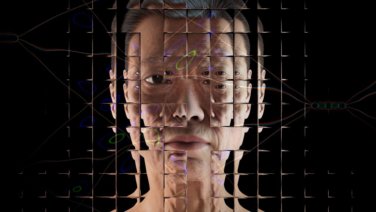 Virtual Human, Alan Warburton. A photographic rendering of a simulated middle-aged white woman against a black background, seen through a refractive glass grid and overlaid with a distorted diagram of a neural network.