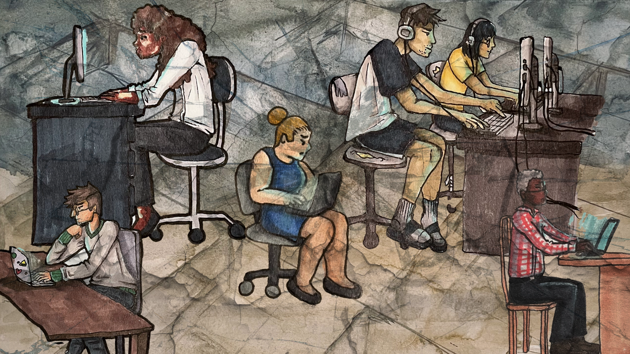 Illustrations of six data workers, working at computers in isolation from each other. Painted background includes hazy image of cubicles; digital overlay of glass fractures.